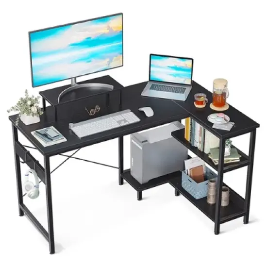ODK 47 Inch Compact L Shaped Desk for Apartment, Living Room, Bedroom, or Office with Storage Shelves, Headphone Hook, and Monitor Stand image {6}