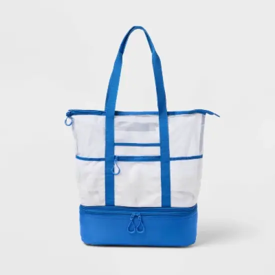 Beach Tote Bag with Zipper Bottom Tan Stripe / Navy - Sun Squad&trade; image {4}
