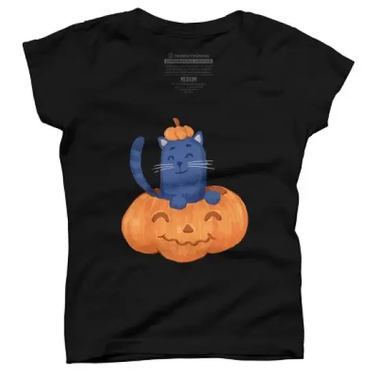 Girl's Design By Humans Halloween Cat In A Pumpkin By wubbadub T-Shirt image {3}