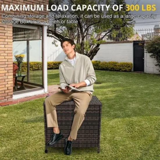 Outdoor Storage Deck Box, 80 Gallon Rattan Patio Furniture Storage Bins with Lid, Waterproof Outside Organizer Cabinet with Wheels and Handle image {5}