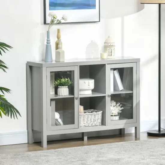 HOMCOM Modern Kitchen Sideboard, Buffet Table with Removable Wine Rack, Glass Door Cabinet and Shelves for Living Room, Kitchen, Entryway, Gray image {1}