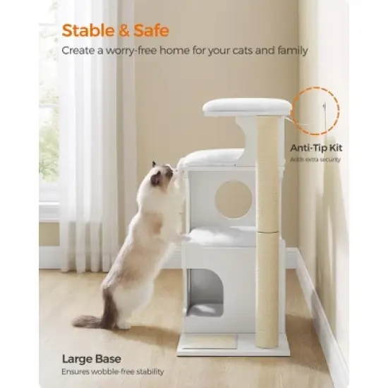 WoodyWonders 33.8-Inch Modern Cat Tower with 3 Perches, Scratching Post & Cave, Includes 4 Washable Cushions image {8}