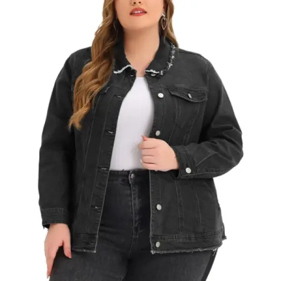 Agnes Orinda Women's Plus Size Denim Chest Pocket Frayed Washed Crop Jean Jackets image {8}