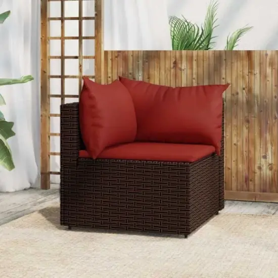 vidaXL Patio Corner Sofa with Cushions - Outdoor Furniture with Sturdy Steel Frame and Weather-Resistant Poly Rattan - Brown and Red image {1}