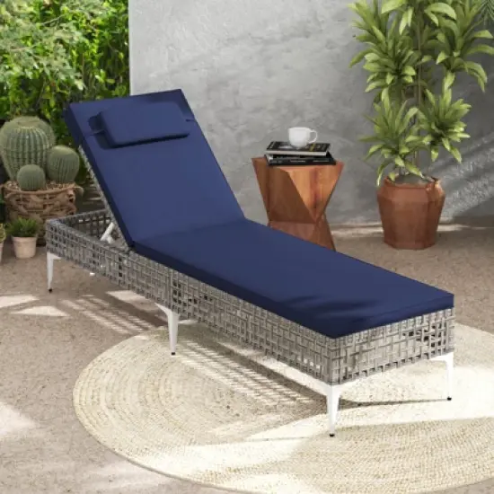 Costway 1/2 PSC Patio Chaise Lounge Chair with 6-Level Adjustable Backrest Removable Cushion Navy/White/Gray image {9}