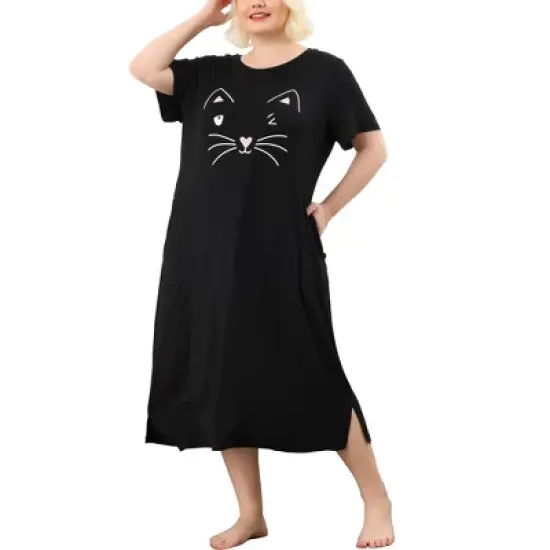 Agnes Orinda Womens Plus Size Short Sleeve Cute Cat Print Pockets Nightgown image {13}