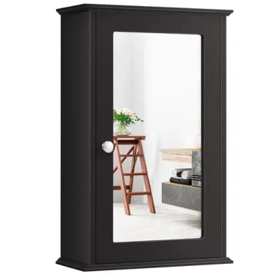 Costway Bathroom Wall Cabinet Single Mirror Door Cupboard Storage Medicine Cabinet Wood Shelf Grey\Brown image {10}
