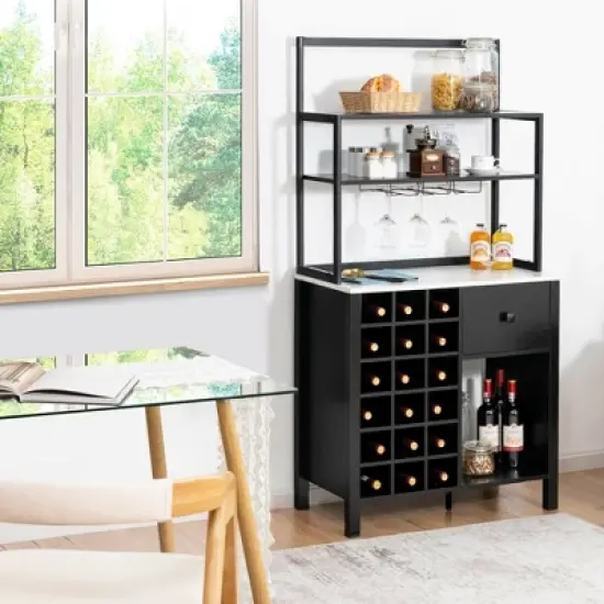Costway Kitchen Islands Freestanding Wine Rack Table w/ Glass Holder & Drawer Black / Rustic image {3}