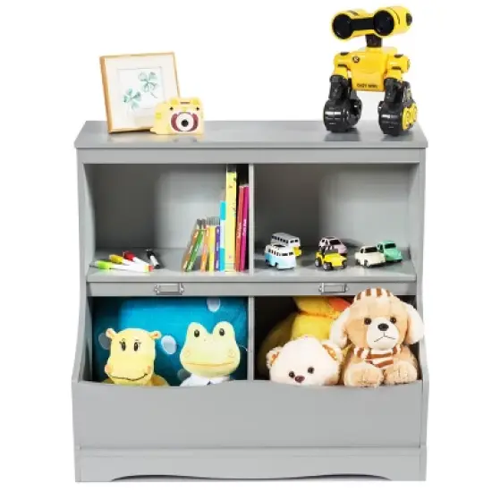 Costway Children's Multi-Functional Bookcase Toy Storage Bin Kids Floor Cabinet GreyWhite image {9}