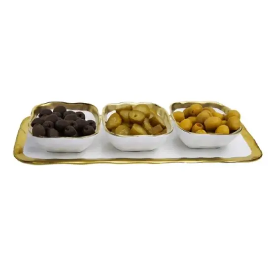 Classic Touch White Porcelain Relish Dish with 3 Square Bowls with Gold Trim image {3}