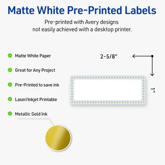 Avery Labels, 1" x 2-5/8", Matte White, Blue Border w/ Gold Dots, 160ct image {1}