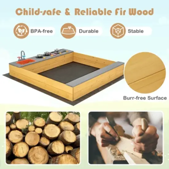 Costway Kids Sandbox Outdoor Wooden Sandpit w/ Bottom Liner Creative Cooking Area image {7}