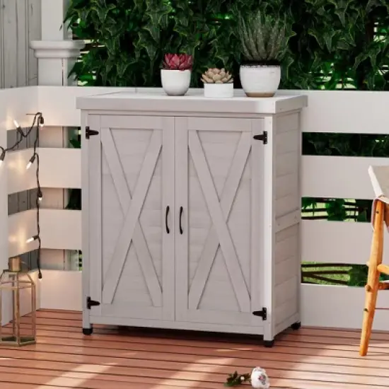 LOVMOR Potting Bench with Storage Cabinet and Metal Table Top for Outdoor Patio image {12}