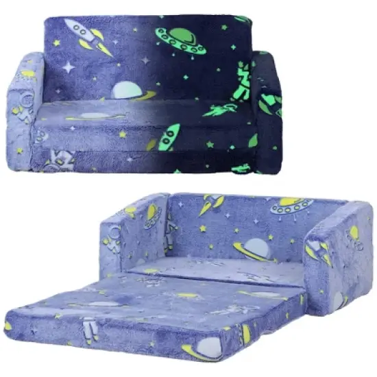 Qaba Kids Play Couch, 2 in 1 Kids Sofa with Glow in the Dark Space Patten, Washable Cover, Fold Out Convertible Sofa for Playroom, Bedroom image {7}