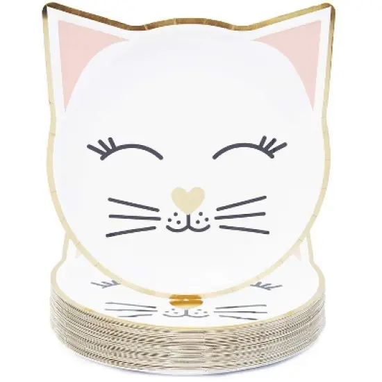 Blue Panda 48Pcs Cat with Gold Foil Disposable Paper Plates 9.5" x 9.9" for Birthday Party image {1}