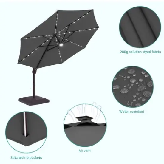 Sonkuki Outdoor 11Ft Aluminum LED Cantilever Patio Umbrella with Base for Patio Deck Garden image {7}