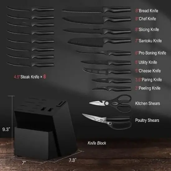 Itopfox 21-Piece Kitchen Knife Set with Block, Dishwasher Safe German Stainless Steel Knives with Built-in Sharpener, Black Knife Block Set image {6}
