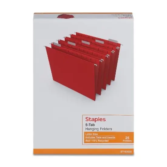 Staples Hanging File Folders 5-Tab Letter Size Red 25/Box (163535) image {4}