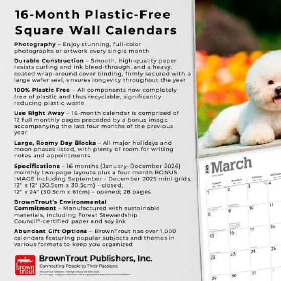 BrownTrout Bichon Frise 2026 12"x24" Hanging Square Wall Calendar Plastic-Free image {5}