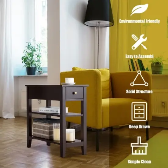 Costway 2 PCS 3Tier Nightstand Bedside Side End Table w/Double Shelves Brown image {5}