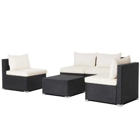 Costway 5PCS Patio Rattan Wicker Furniture Conversation Set Cushioned Sofa Deck image {9}