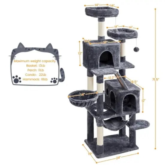 Yaheetech 71.5"H Plush Cat Tree with 2 Condos image {2}