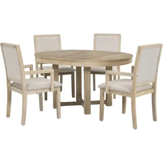 5 PCS Round Extendable Dining Table Set with Butterfly Leaf and 4 Upholstered Dining Armchairs-ModernLuxe image {8}