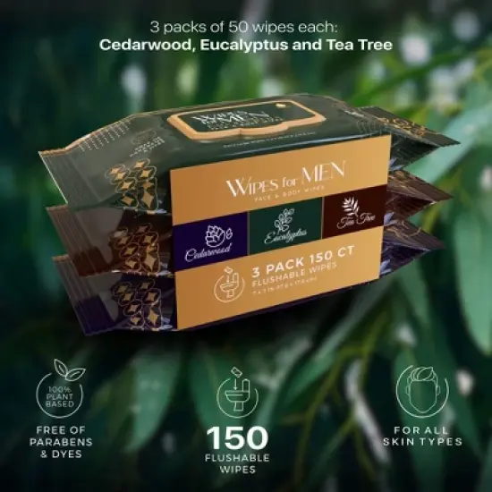 Men's Assorted Face and Body Wipes &ndash; Cedarwood, Tea Tree, and Eucalyptus (3-Pack, 150 Wipes) image {1}