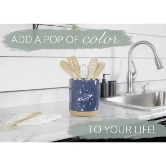 Elanze Designs 8 inch Galactic Stars and Planet Large Ceramic Kitchen Utensil Holder Navy Blue and White Crock with Cork Base image {4}