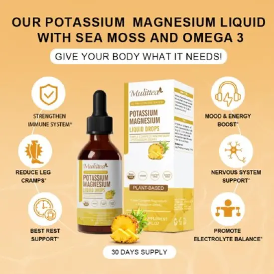 Mulittea Potassium Magnesium Liquid Supplement - Plus Calcium, Vitamin C, Zinc for Bone & Energy & Immune Support - 2 Fl oz(Pineapple flavor) image {2}