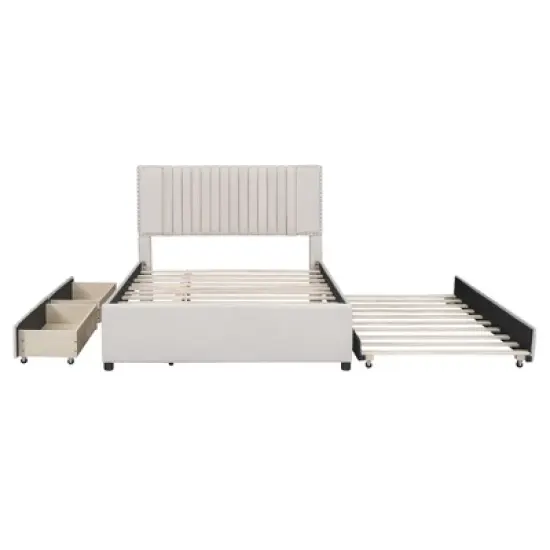 Queen/Full Size Wooden Upholstered Platform Bed Frame with 2 Drawers and 1 Twin/Twin XL Trundle Beige/Gray, 4L -ModernLuxe image {5}