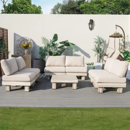 Moda Furnishings 6-Person Outdoor Patio Aluminum Wood Grain Sectional Seating Group With Beige Cushions image {2}