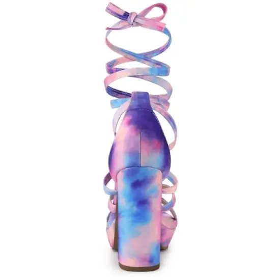 Allegra K Women's Tie Dye Platform Chunky Heel Lace Up Sandals image {3}