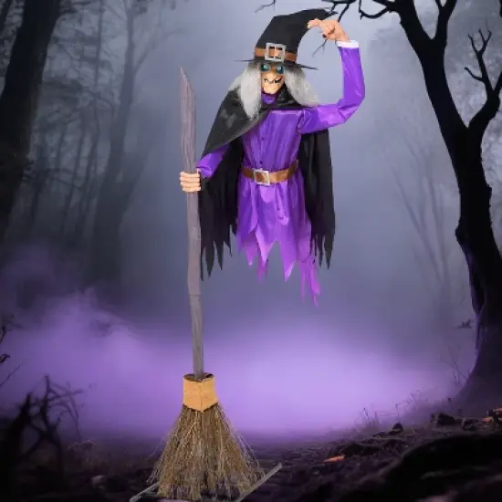 Joyfy 96'' Halloween Outdoor Decorations, Animated Flying Witch on Broom with Light Eyes and Scary Voice for Outside Yard Lawn Haunted House Decor image {8}