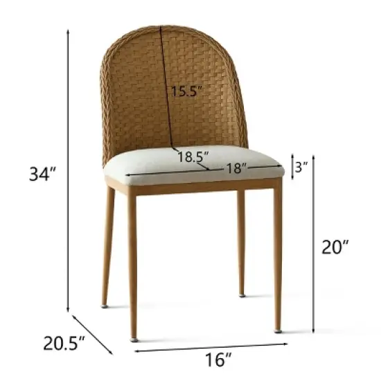 Rattan Dining Room Chair, Linen Dining Chair with Double Layer Rattan Back, Cane Dining Chair with Metal Legs - Maison Boucle image {3}