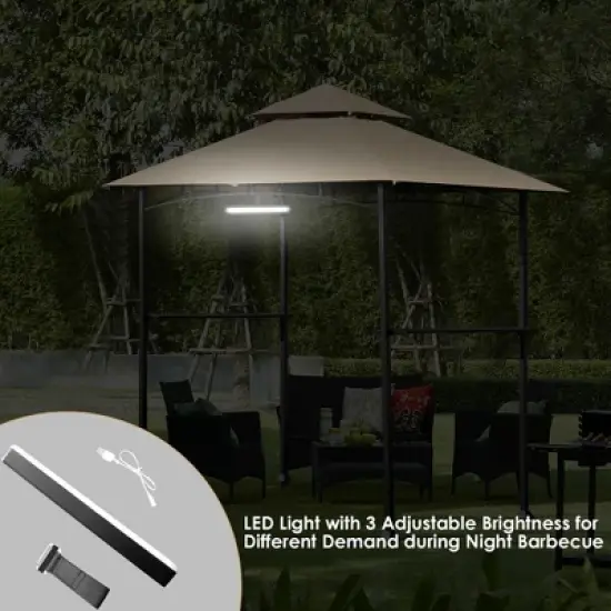 Costway 8' x 5' Outdoor Patio Barbecue Grill Gazebo w/ LED Lights 2-Tier Canopy Top Tan image {4}