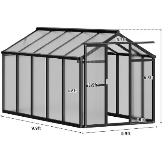 6x10x6.5 FT Greenhouses for Outdoors, Aluminum Green House with Polycarbonate Roof, Sliding Door, Adjustable Vent for Garden, Backyard, Patio, Black image {6}