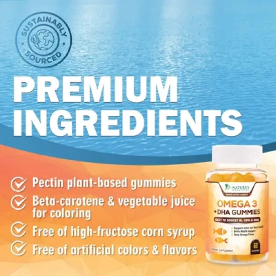 Omega 3 Fish Oil Gummies, Heart Healthy Omega 3 Gummy Supplement - DHA & EPA, Extra Strength Joint & Brain Support, 60 Gummies By Nature's Nutrition image {6}