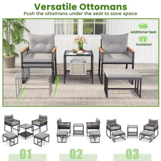 Costway 5 Piece Outdoor Conversation Set Rattan Armchairs with 2-Layer Side Table image {7}
