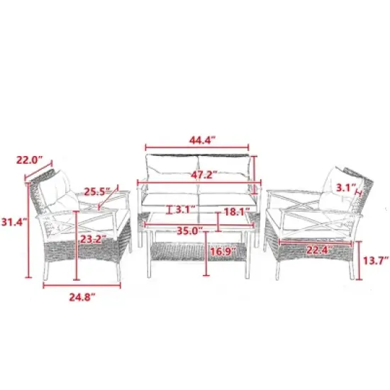 FIONECA 4-Piece Patio Sectional Low Dining Sofa Set, Rattan Wicker Outdoor Corner Conversation Set with Cushions image {4}