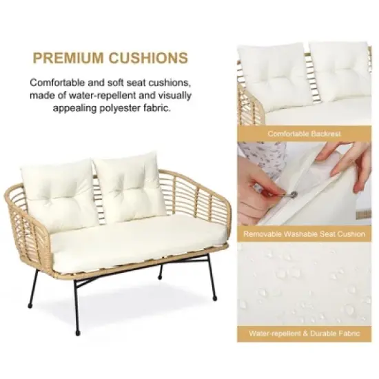 4-Piece PE Rattan Patio Set w/ Loveseat, Sofa & Coffee Table - Outdoor Conversation Set for Backyard image {3}