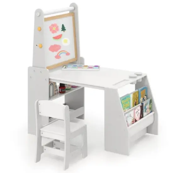 Costway Kids Art Table and Chair Set with  Easel & Chair Whiteboard & Chalkboard Paper Roll image {11}