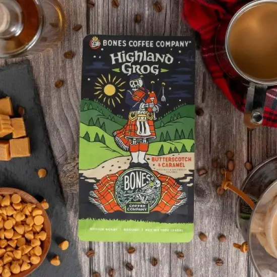 Bones Coffee Company Highland Grog Ground Coffee Beans Butterscotch Caramel & Rum Flavor 12 oz Medium Roast (Ground) image {2}