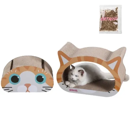 THE LICKER STORE Opal Modern Cardboard Happy Cat Head 2-in-1 Cat Cave Scratcher with Built-In Bell Toys and Catnip image {12}