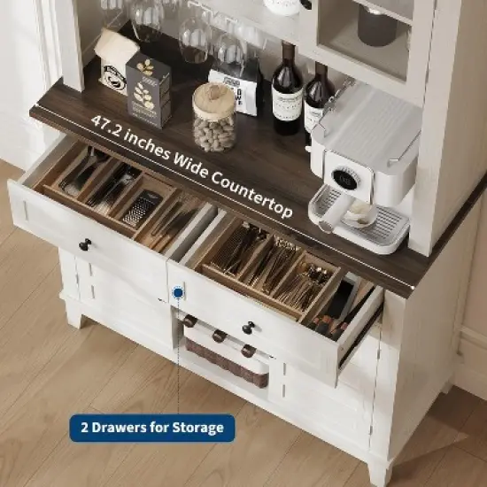 Acekool 72" Tall Kitchen Pantry Cabinet with Hutch, 4 Doors, 2 Drawers, Wine & Glass Rack, Adjustable Shelves, Large Buffet Storage,White image {4}