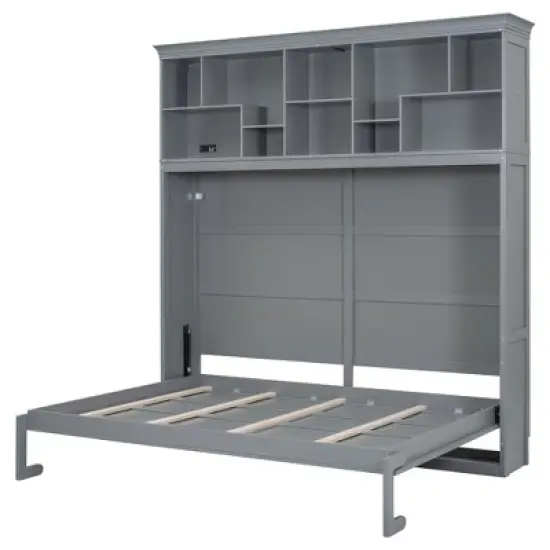 Queen Size Murphy Bed Wall Bed  with Storage Shelves and USB Ports -ModernLuxe image {7}