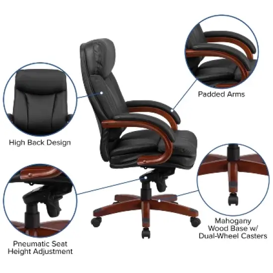 Emma and Oliver High Back Black LeatherSoft Synchro-Tilt Ergonomic Office Chair with Wood Base image {2}