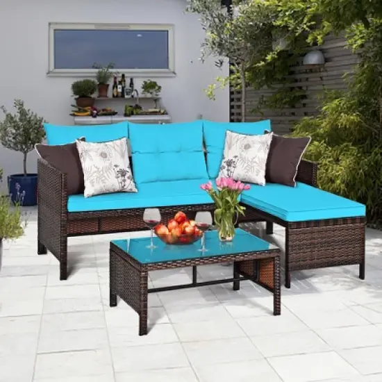 Costway 3PCS Patio Wicker Rattan Sofa Set Outdoor Sectional Conversation Set image {8}