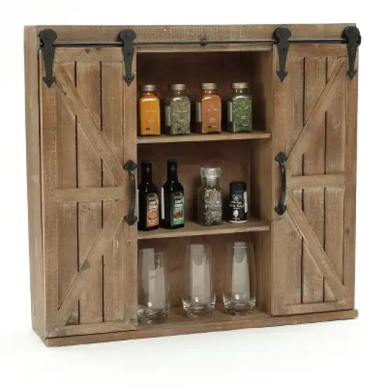 LuxenHome Farmhouse Wood Sliding 2-Door Wall Storage Cabinet image {5}