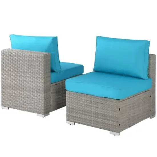 7pc Wicker Patio Conversation Set with Pillows & Cushion - Gray/Blue - GODEER image {6}